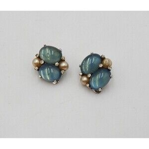 Jomaz Blue Cabochon and Faux Pearl Clip On Earrings Vintage Rhinestone Signed